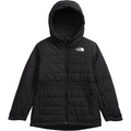 A black hooded puffer jacket with horizontal quilting, a front zipper, and a white embroidered logo of The North Face on the left chest, shown against a plain white background.