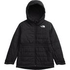 A black hooded puffer jacket with horizontal quilting, a front zipper, and a white embroidered logo of The North Face on the left chest, shown against a plain white background.