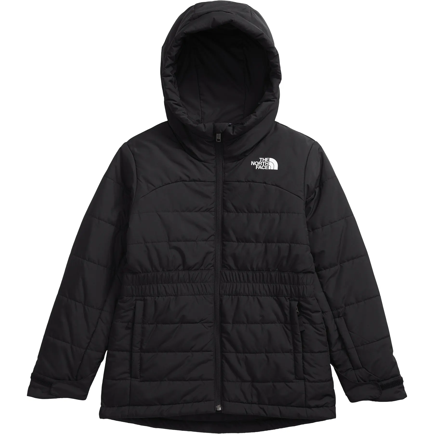 A black hooded puffer jacket with horizontal quilting, a front zipper, and a white embroidered logo of The North Face on the left chest, shown against a plain white background.