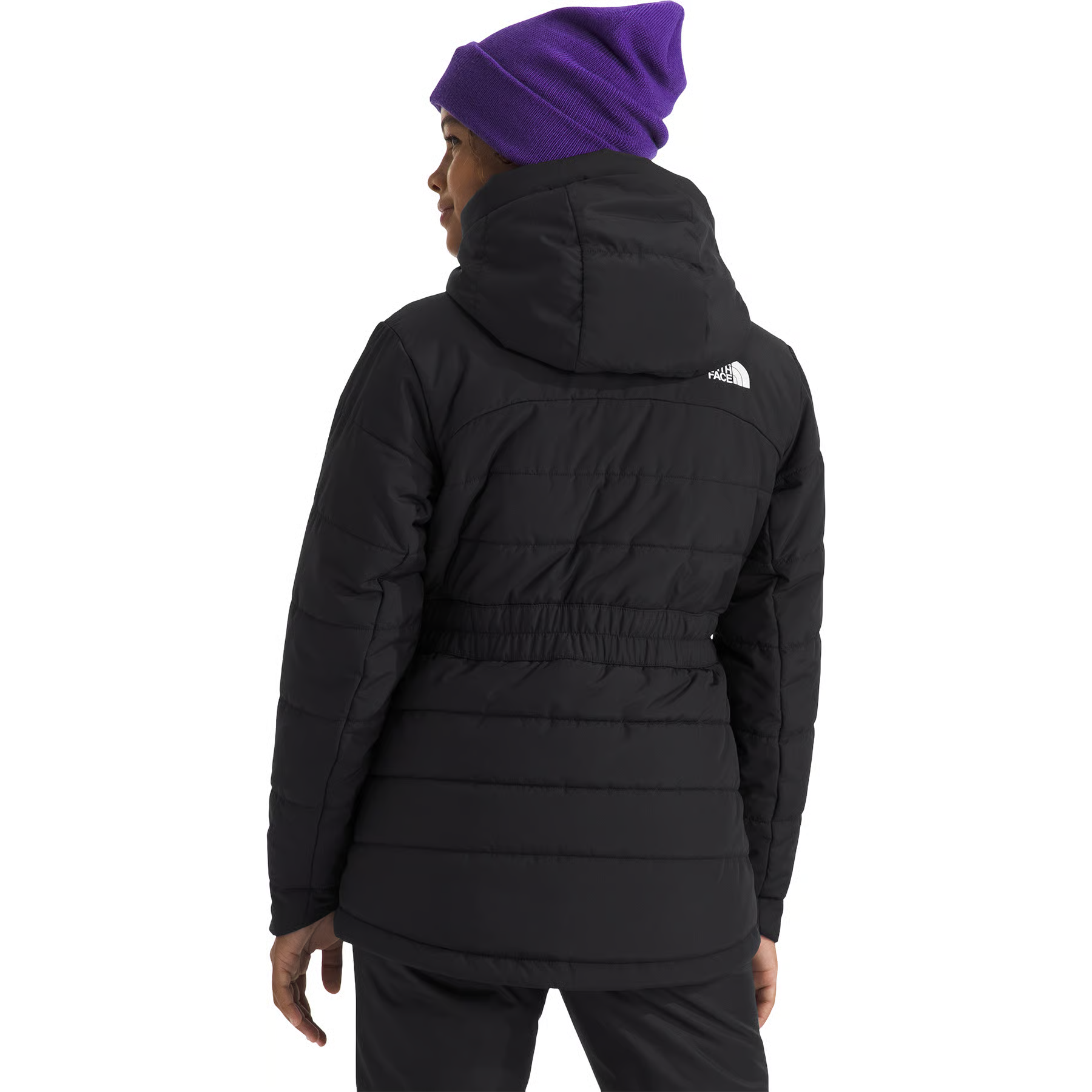 A person shown from the back wearing a black hooded puffer jacket and a purple knit beanie against a plain white studio background. A small white The North Face logo is visible on the upper back.