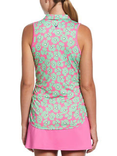 Womens Floral Sleeveless Golf Shirt with Mini Collar and Side Shirring