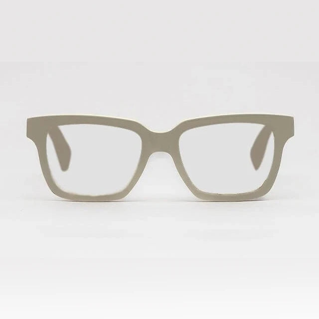 Matte taupe square eyeglass frames with clear lenses, shown from the front on a light gray background.