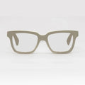 Matte taupe square eyeglass frames with clear lenses, shown from the front on a light gray background.