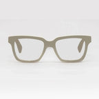 Matte taupe square eyeglass frames with clear lenses, shown from the front on a light gray background.