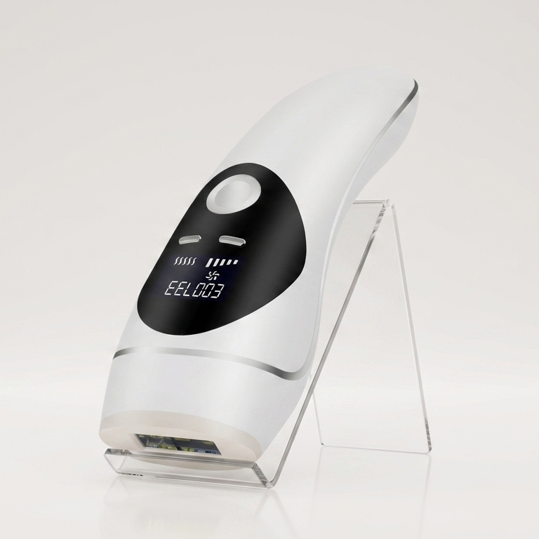 A white and black handheld beauty device displayed upright on a clear acrylic stand against a clean white background.