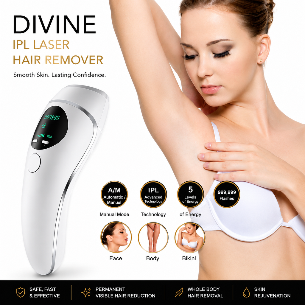 IPL laser hair remover device shown alongside a woman with her arm raised, on a white background with promotional text and feature icons. The product is white with a black digital display screen.