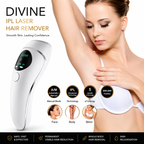 IPL laser hair remover device shown alongside a woman with her arm raised, on a white background with promotional text and feature icons. The product is white with a black digital display screen.