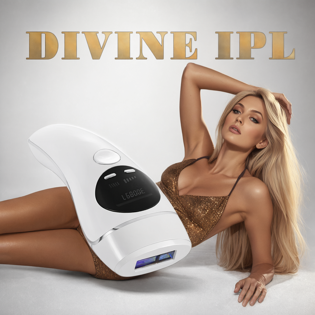 A woman in a sparkly brown bikini reclines beside a white IPL beauty device with a black display screen, against a light gray studio background. Large gold text at the top reads 'DIVINE IPL'.