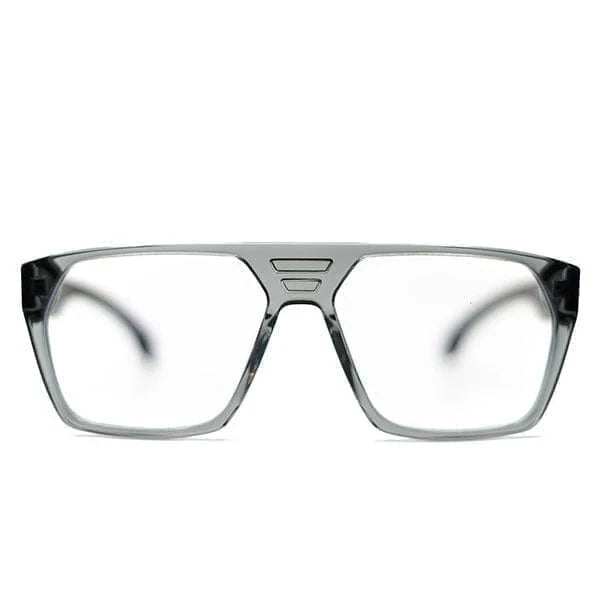 A pair of oversized square eyeglasses with a translucent smoky gray acetate frame and clear lenses, shown from a front-facing perspective on a white background.
