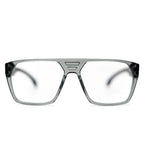 A pair of oversized square eyeglasses with a translucent smoky gray acetate frame and clear lenses, shown from a front-facing perspective on a white background.