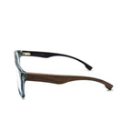 A pair of eyeglasses with a translucent smoky gray acetate frame and dark brown wood temples, shown from a side profile on a white background.