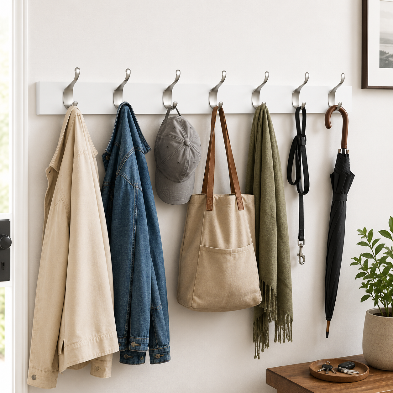 WALL MOUNTED COAT RACK, 8 MODERN HOOKS, WHITE